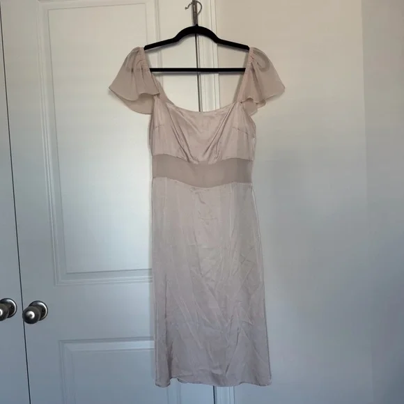 By Anthropologie Flutter-Sleeve Satin Sheath Dress in Light Sand - Picture 3 of 9